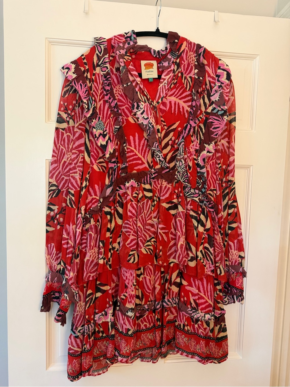 FARM Rio Red Pink Tropical-Print Ruffle Mini Dress